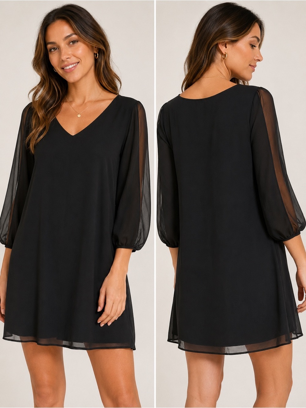 Velvet Black V-Neck Mini Dress with Sheer Puff Sleeves Size L